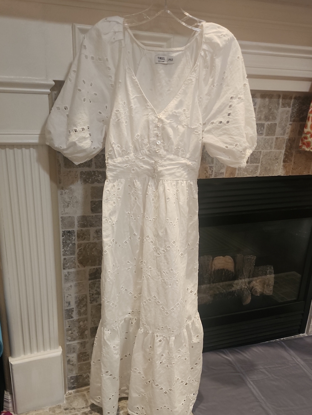Tinsel White Eyelet V-Neck Maxi Dress with Puff Sleeves